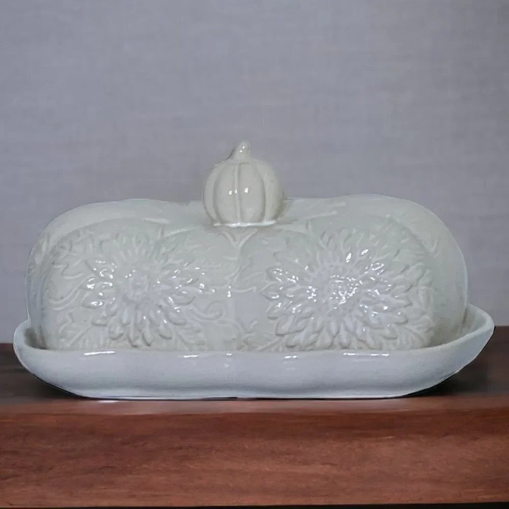 Harvest Pumpkin Covered Butter Dish With Lid Large Ceramic Floral White Cream